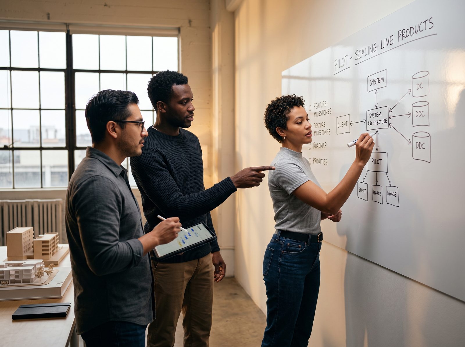 Product engineering team mapping architecture and milestones on a whiteboard