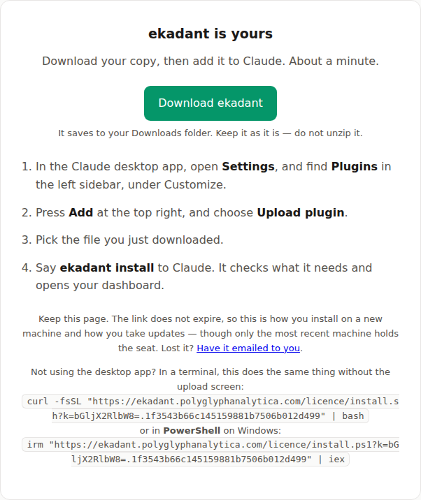 The page that opens after payment: a Download ekadant button, then four numbered steps — Settings, Plugins, Add, Upload plugin, and then say ekadant install.